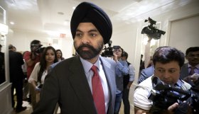 President and CEO of Mastercard Ajay Banga leaves after meeting India's Prime Minister Narendra Modi at a breakfast in New York